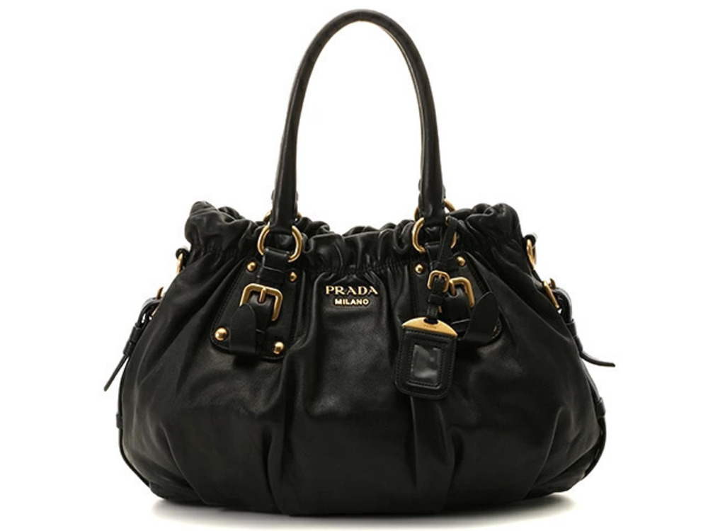 Prada black calfskin leather shopping satchel buckle